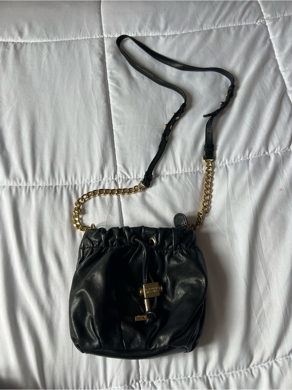 Michael Kors Black Leather Drawstring Crossbody with Gold Chain Strap